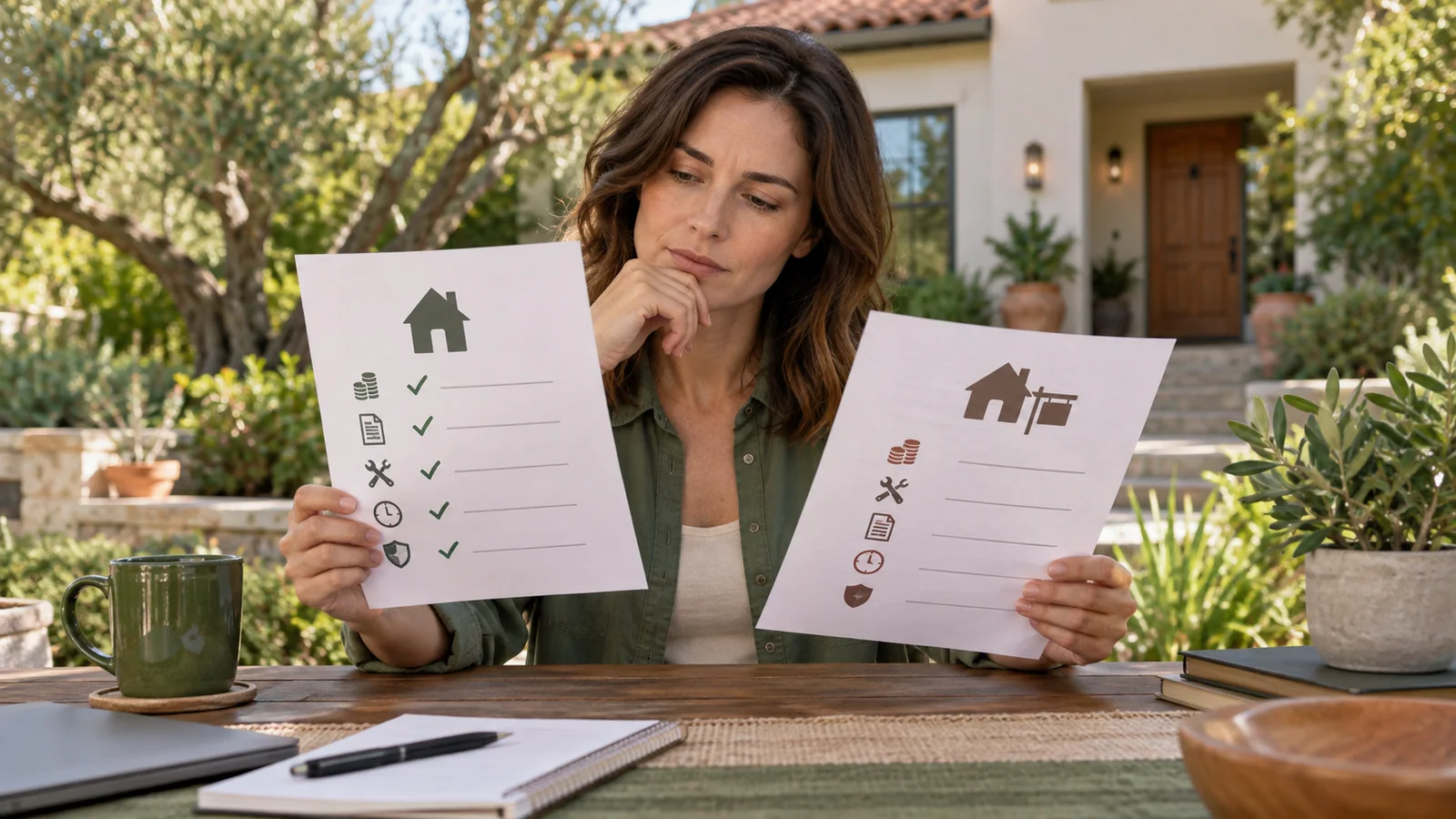 Home seller comparing a cash offer with a traditional listing at a kitchen table