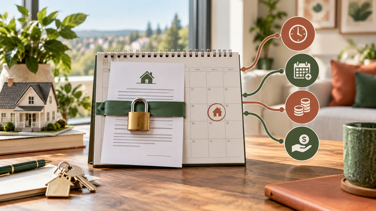 Mortgage paperwork beside a calendar and calculator